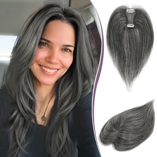 RUWISS Haar Toppers für Frauen Echthaar Topper Leichtes Schwarz Mix Grau Clip in Haarteil für Dünner Haar Oberkopf Flauschiger Glatter Hair Topper ohne Pony