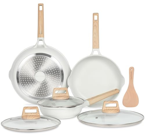 ESLITE LIFE Juego de sartenes antiadherentes con tapas para tortilla de huevo, utensilios de cocina con revestimiento de granito saludable, compatible con todas las estufas, sin PFOA, (blanco, 7
