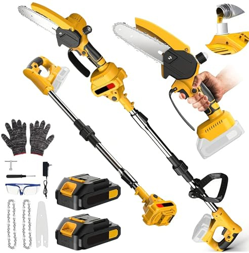 Elagueuse sur Perche sans Fil 21V, Tronçonneuse à Batterie 6 Pouces avec 2× 2.0Ah Batteries, Moteur Brushless, Perche Élagueuse Électrique 2 en 1, Extension jusqu'à 5 m, pour Branches et Jardin