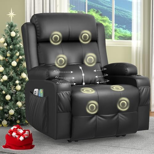 SQUEBILIFE Recliner Chair For the Elderly with Massage & Heat, Extended Footrest, USB+Type C Ports, Padded Recliners Cushion Backrest, Dual Cup Holders Side Pockets Comfy Recliner Armchair Lounge Sofa