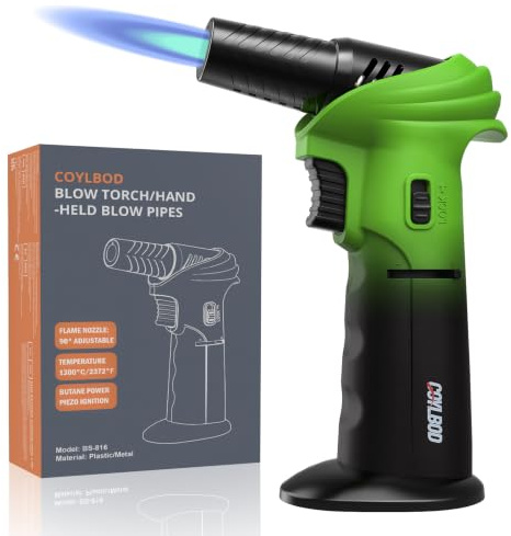 CoYlBod Butane Torch Lighter 0-90°Rotating Safety Lock for Soldering | Refillable, adjustable flame. Easy single-hand operation for cooking and various heating applications (Green and Black)