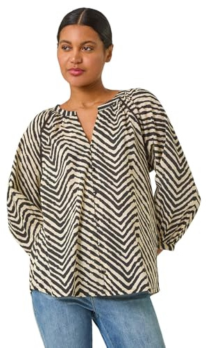 Roman Originals Shirt Top for Women UK Ladies Collarless Blouse Smart Tunic Button Through Longline Asymmetric Hem 3/4 Length Roll Up Sleeves V Neck Going Out - Size 10 - Noir Natural