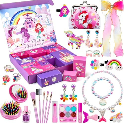 Einhorn Adventskalender Mädchen 2025, 24 Tage Weihnachts Countdown Kalender Überraschungen, Einhorn Geschenke Einschließlich Haarschmuck, Haarspangen, Armbänder, Geldbörse für Mädchen und Kinder