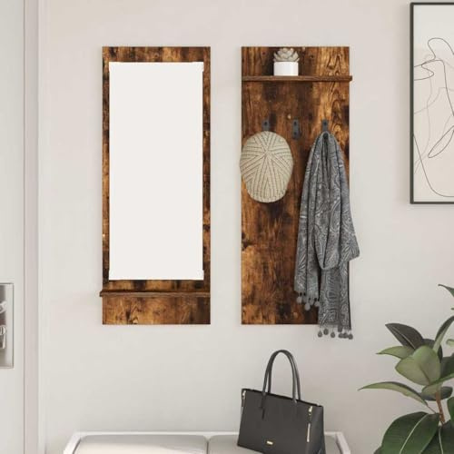 Owoxanthellate Wandregal Räuchereiche 70x10x90 cm Holzwerk Massiv Wandmontierter Kleiderständer mit Haken Regalen Spiegel Modernes Design Langlebig Möbel for Flur Schlafzimmer