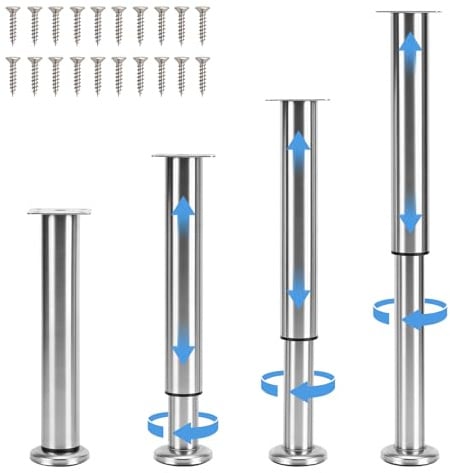 Lot de 4 Pieds de Meuble Reglable en Acier Inoxydable, Pieds de Table Pied de Lit, Pieds Meuble Salle de Bain, Pieds de Meubles pour Meuble TV, Canapé, Chaise, Salle de Bain (25-42CM)