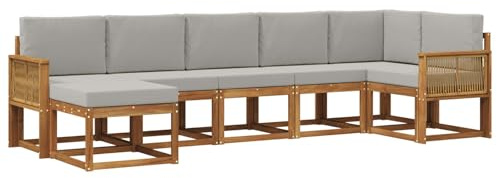 vidaXL Outdoor-Sofagarnitur 7 pcs Natürlich und Hellgrau Polyester, Modularer Gartensofa-Set, modernes Outdoor-Sofa, wetterfester Terrassenmöbel, Akazienholz, braunes Sitzen
