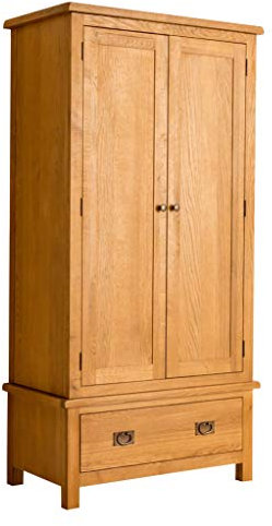 Lanner Oak Double Wardrobe with Drawer | Roseland Furniture Traditional Rustic Waxed Solid Wooden 2 Door Gents Wardrobe Storage Unit for Bedroom with Hanging Rail
