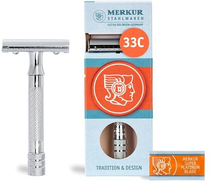 MERKUR Rasierhobel 33C | Klassiker Glanzchrom | Dreiteiliger Rasierer mit geradem Schnitt | Geschlossener Kamm | Ideal für Nassrasur | Zinkdruckguss | Messing Griffstück | Made in Germany