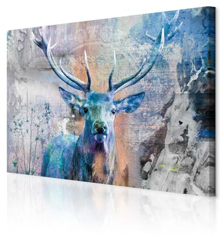 decomonkey Wandbilder Hirsch 90x60 cm Leinwandbilder Bild auf Leinwand Holz | Kunstdruck, Wanddeko, Wohnzimmer, Wanddekoration, retro, Vintage, Tiere, Hirsche, Blumen, Textur, Aufschriften