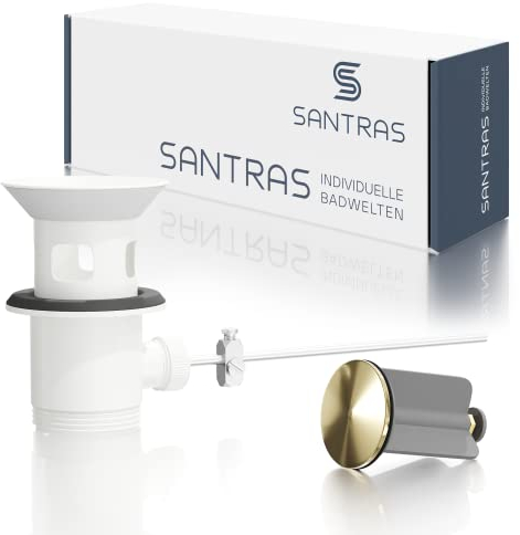 Santras® Exzenter Ablaufgarnitur Premium für Waschtisch mit Schutz vor Überlauf in Weiß/Gold – Komplette Überlaufgarnitur mit Ablauf Stöpsel in 1 ¼ für Armatur mit Zugstangengarnitur