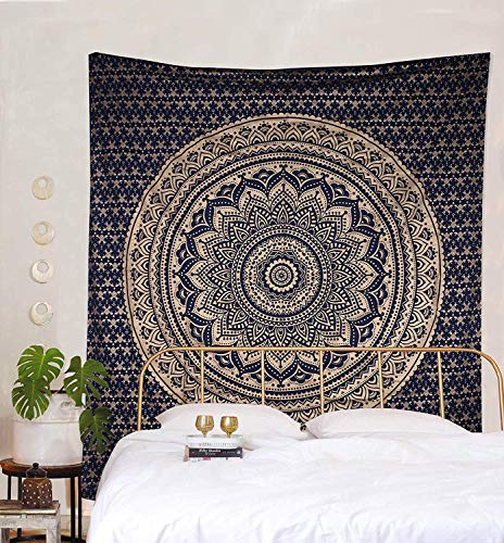 Popular Handicrafts Wandteppich, Hippie-Wandbehang, Ombré-Mandala, Bohemian, Hippie, aufwendige indische Wandteppiche, Tagesdecke, 230 x 270 cm, Blau und Gold