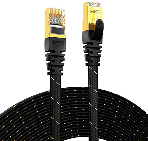AMPCOM Ethernet Cable 10m, CAT7 10Gbps STP Flat Patch Cord 10 Gigabit Lan Network Cable High Speed - Black - Nylon Braided - Shielded