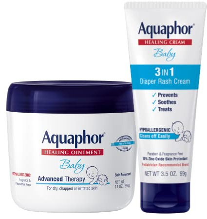 Aquaphor Baby Healing Ointment (14 Oz) + 3-in-1 Diaper Rash Cream (3.5 Oz), Hypoallergenic and Fragrance Free Skin Care Set for Babies