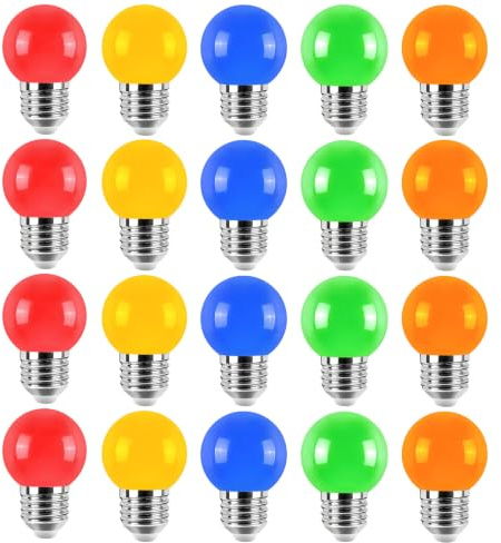 Jiotouhu E27 LED Coloured Light Bulb, 180-degree Illumination, 2W Equivalent to 20W, AC220-240V, Non-dimmable, Red, Yellow, Blue, Pink, Orange, Multiple Colours, 20-Pack