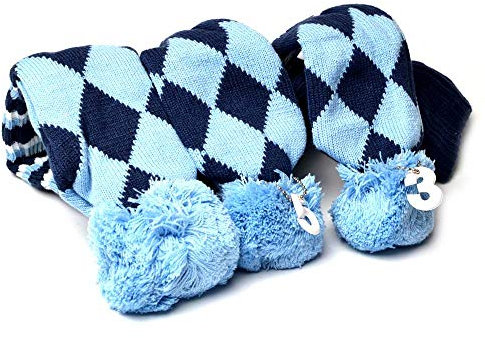 PLUSKER Golf Head Covers Navy Blue for Driver and Fairway Woods Club with Long Neck Pom Pom Sock Knitted Proector 3Pcs/Set Golf Headcovers for Male/Female Golfers