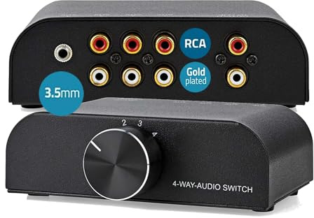 TronicXL Interruptor de audio analógico estéreo de 4 entradas AUX 3,5 mm + 3 x (2 conectores RCA) 2 conmutadores RCA conmutadores conmutadores de entrada suave 1 salida 4 interruptores de audio