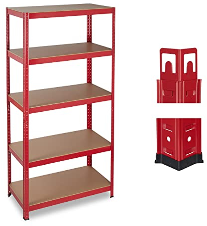 Relaxdays Schwerlastregal, Traglast 875 kg, 5 Ebenen, zum Stecken, Keller, Garage, HxBxT: 180x90x45 cm, Stahl, MDF, rot