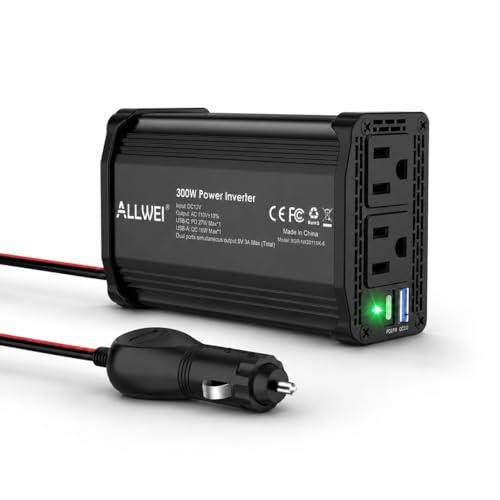 ALLWEI 300W Car Power Inverter with 27W USB-C and 3.0 USB Port - DC 12V to 240V / 230V AC Power inverters for Vehicles Converter Fast Charging Ports Car Charger Adapter (Black)