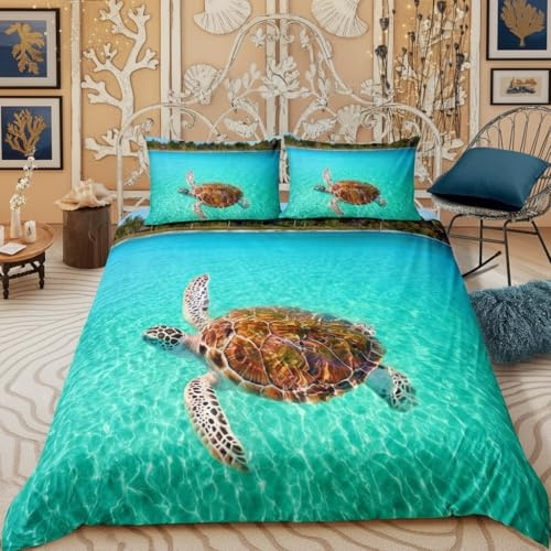 feelingyou Fröhliche Schildkröte Bettwäsche-Set Grünes Meer Wasser Bettwäsche Set 155x220cm Süßes Meerestier Betten Set für Kinder Jungen Mädchen Teenager 2St.Reißverschluss Mikrofaser
