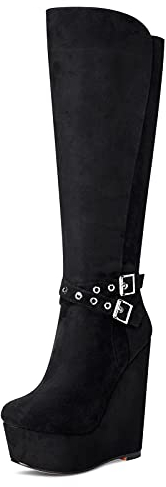 NobleOnly Scarpe col Tacco Donna Plateau Zeppa Stivali Metà Polpaccio Cerniera Wedge Boots 16CM High Heels Nero Pulsante Scarpe EU 36