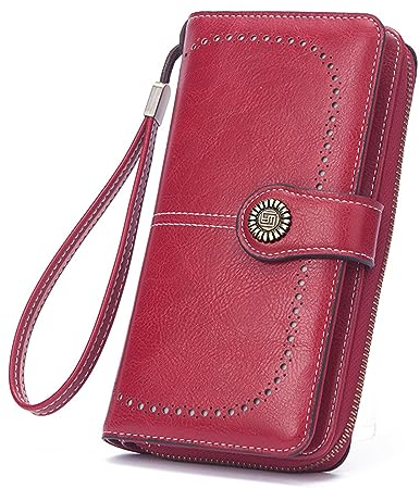 Mokoze Geldbörse für Damen, PU-Leder, großes Fassungsvermögen, mit Handgelenkschlaufe und Reißverschluss für Kreditkarten, Handys, Schlüssel, Freundinnen, Muttertagsgeschenke, Rot/Ausflug, einfarbig