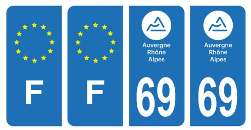 HADEXIA Set mit 4 Nummernschild-Aufklebern Departement 69 Rhône Region Auvergne-Rhône-Alpes & F France Europe