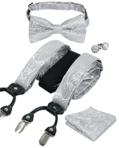 Alizeal Herren Paisley Muster Fliege und Hosenträger, Einstecktuch, Manschettenknöpfe Set-Silber
