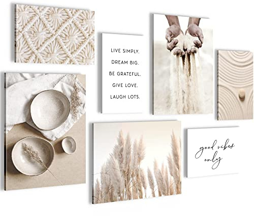 Novart Wandbilder Boho Pampasgras - KOMPLETT AUFHÄNGFERTIG - Beige Vintage Wohnzimmer Schlafzimmer Flur - 7 Moderne Mood-Bilder - N009271a