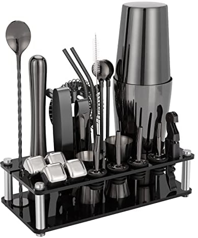 KinGrow Cocktail Shaker Set, 23-Piece Boston Stainless Steel Bartender Kit with Acrylic Stand & Cocktail Recipes Booklet, Professional Bar Tools for Drink Mixing, Home, Bar, Party - Black