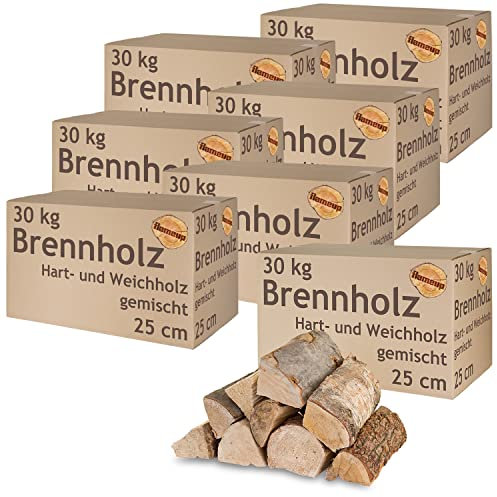 Brennholz Gemischt Kaminholz 5-500 kg Buche Eiche Birke Kiefer Fichte Holz Für Ofen und Kamin Kaminofen Feuerschale Grill Feuerholz 25 cm Wood Kammergetrocknet Flameup, Menge:210 kg