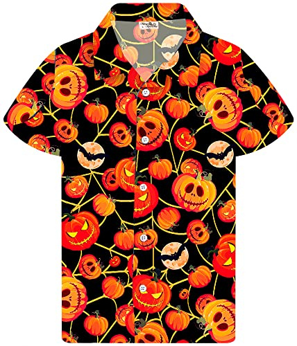 King Kameha Funky Hawaiihemd Herren Kurzarm Fronttasche Hawaii-Print Halloween Kürbis Grusel Funky Pumpkin Prints