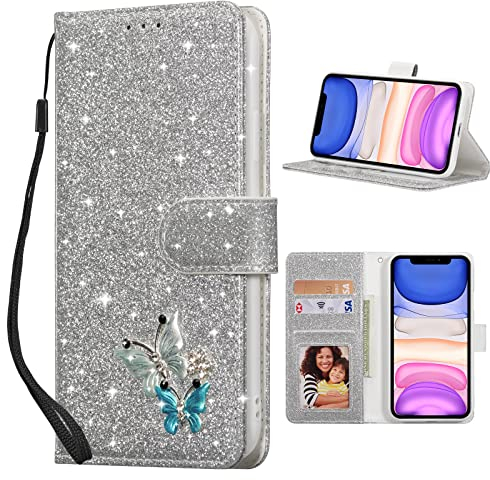 UEEBAI Klapphülle für iPhone 12/iPhone 12 Pro 6.1 inch, PU Lederhülle Glitzer Schmetterling Flip Cover Standfunktion mit Kartenfach Schutzhülle Diamant Glänzende Geldbörse Handschlaufe Etui - Silber