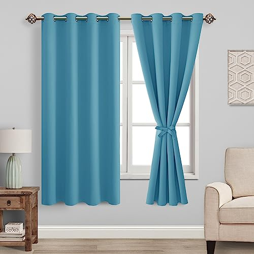 JIUZHEN Blickdicht Vorhänge Gardinen Ösenvorhang für Schlafzimmer Wohnzimmer, Kurz Verdunkelungsvorhang mit Vorhang-Krawatten, Türkis, 2 Stück, 137x117cm(HxB)