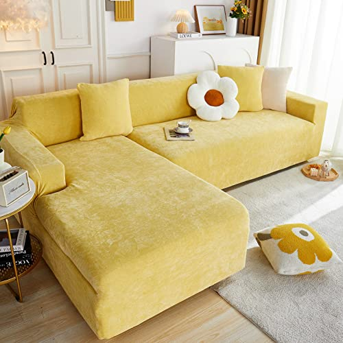 GEBIN Sofabezug, Chenille Plüsch Schonbezug Sofa, Stretch Sofa Überwurf Sofabezug Weich Dick Sofahusse Für L-Form Schnittcouch (Gelb,L Typ 2+3 Sitzer)