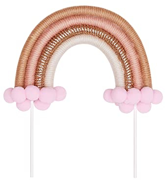 The Baked Studio – Boho geflochtener Regenbogen- und Wolken-Tortenaufsatz zum Dekorieren von Kuchen für Geburtstage, Babypartys, Taufen (Boho Rainbow – Light Pink & Gold)