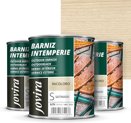 JOVIRA PINTURAS Barniz Madera Intemperie. Decora y embellece todo tipo de maderas al exterior, mesas, sillas, muebles, barcos, terrazas. (3X750 Mililitros, Satinado) K-41-3