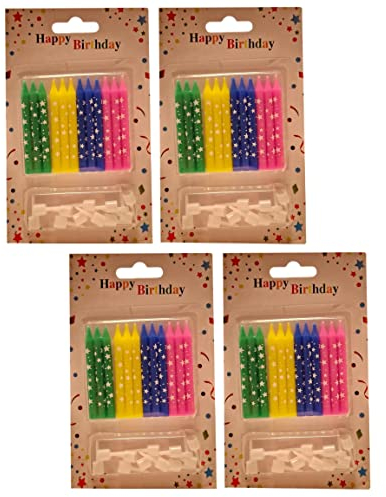 Tortenkerzen Set mit Haltern 24 Kerzen mit 24 x Halter - Kuchenkerzen Geburtstag - 4 Farben Mix - [Blau-Gelb-Grün-Pink] - Höhe - 6cm | Geburtstagskerzen für Party, Weihnachten, Feier - Partykerzen