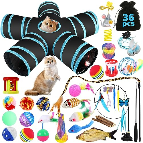 YUTUY Katzenspielzeug Set mit 5-Wege Katzentunnel, Katzenspielzeug mit Katzentunnel, Katzen Spielzeug Set, Federspielzeug, Spielzeugmäuse Katzen, Fisch