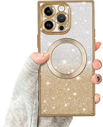 Newseego Magnetic iPhone 14 Pro Max Case Compatible for Magsafe, Square Glitter Sparkly Phone Case Flexible Soft TPU Shockproof Camera Protection Bumper Cover for iPhone 14 Pro Max -Gold
