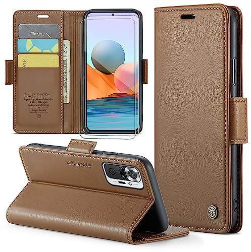 FERLAN Funda para Xiaomi Redmi Note 10 Pro 4G + 2 Piezas Cristal Templado,Compatible con Carga inalámbrica, con Bloqueo RFID, Hebilla Magnetica, Ranuras para Tarjetas,Marrón