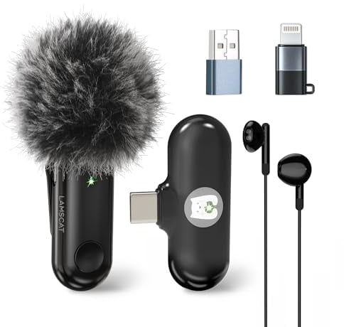 LAMSCAT Wireless Lavalier Mikrofon for iPhone/ios/ipad/Android/USB c/PC, Professional Kabellose Handy Mikrofon for Streaming, Noise Cancellation, No APP Needed (Black 1 to 1)