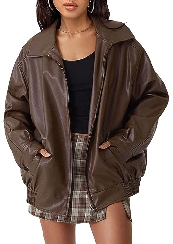 AUTOMET Women's Oversized Faux Leather Jacket - Fall Motorcycle Style Coat with Zipper Closure Brown M