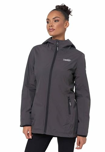 MARIKOO Übergangsjacke Damen (XS-XXL) - Atmungsaktiv, Innen Samtweicher Stoff, Kapuze, Winddicht - leichte Jacke lang - Stehkragen, 3 Taschen, verlängerter Zipper