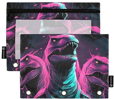 GAIREG Glowing Eyes Dino Binder Pouch Pencil Pouch 3 Hole Binder Pouches with Zipper 2 Pack
