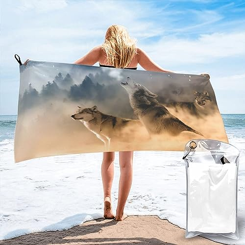 OPSREY Wolf-bedrucktes Mikrofaser-Badetuch, schnell trocknendes Strandtuch, saugfähiges Sporthandtuch mit Tragetasche