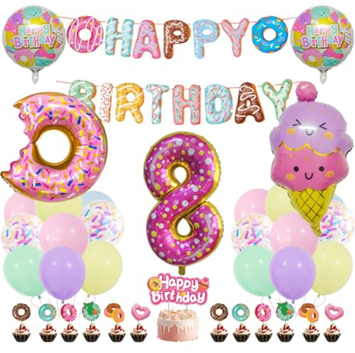 Guoguonb Süße Themen 8. Geburtstag Party Deko Donut Druck Ballon Eiscreme Cupcake Topper Tortendekoration Happy Birthday Banner für 8 Jahr Geburtstagsdeko Kinder Birthday Decorations