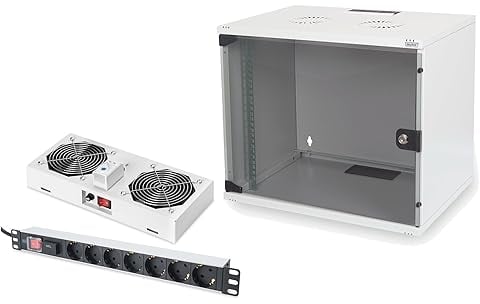 DIGITUS Set: 19 7HE Netzwerkschrank + Dachlüfter + 7-Port Steckdosenleiste // 19 Zoll Rack – Unmontiert – Wandmontage – 400 mm Tiefe – Traglast 60 kg – Nutztiefe 170-270 mm – SOHO Serie – Grau