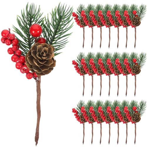 10 Stück Tannengrün Künstlich Künstliche Zweige Weihnachten Künstliche Rote Beerenkiefer Natürliche Weihnachtskiefernpicks DIY Mattierte Tannenzapfen Kranzzubehör