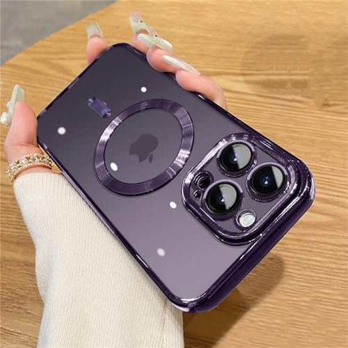 YOGISU Custodia protettiva per lente placcata per iPhone 14 13 12 11 Pro Max Cover di ricarica magnetica wireless per fotocamera in silicone, viola scuro, per iPhone 12 Pro