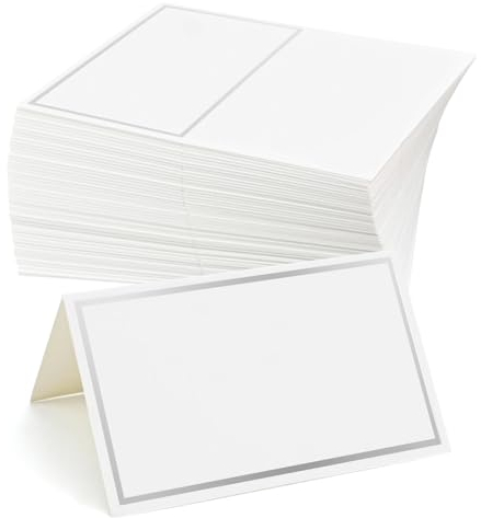 Bekecidi 100 Stück Tischkarten, Weiß mit Gold Silbernem Rand, Tischnamenskarte, Gästesitzschild, Karte für Tischdekoration, Hochzeiten, Party Dinner, Empfangs Dekorationen(Silber)
